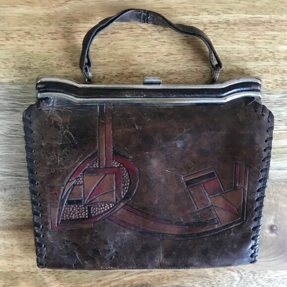 Antique Genuine 1920s Leather Handbag - Picture 2 of 8